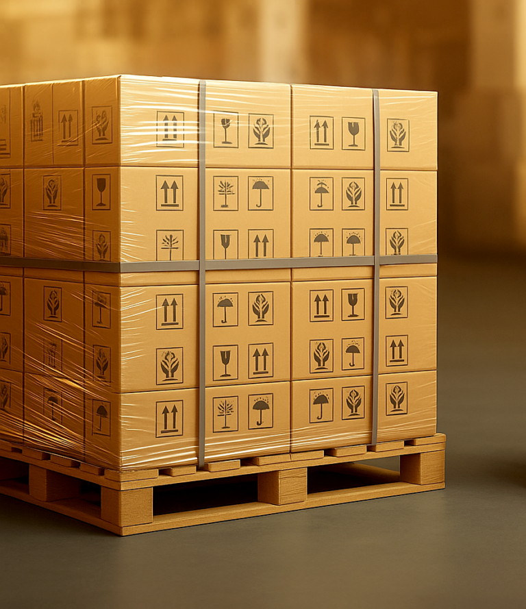 Palet con cajas embaladas y filmadas listo para transporte en grupaje